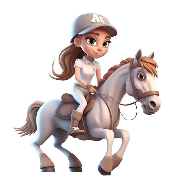 Renderização digital 3D de uma menina bonita montando um cavalo isolada em fundo branco