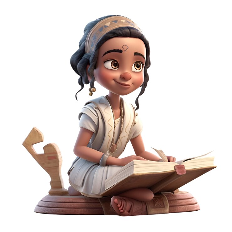 Foto renderização digital 3d de uma menina indiana lendo um livro isolado em fundo branco