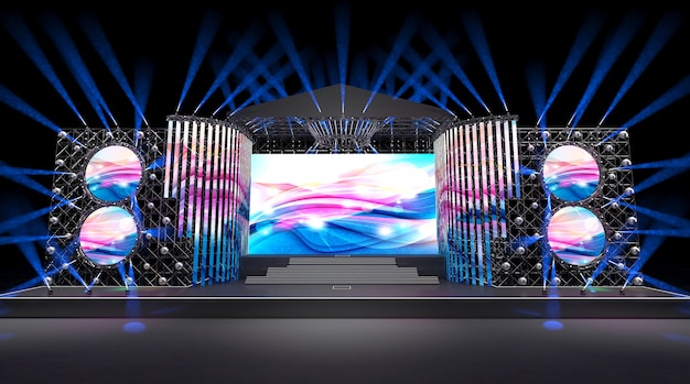 Renderização do Cinema 4D de um conceito de palco com decorações de iluminação coloridas e uma tela grande
