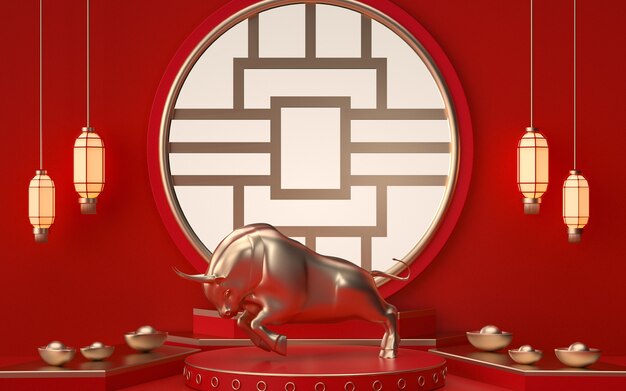 Renderização do Cinema 4D de uma plataforma de fundo vermelho com decorações em estilo chinês