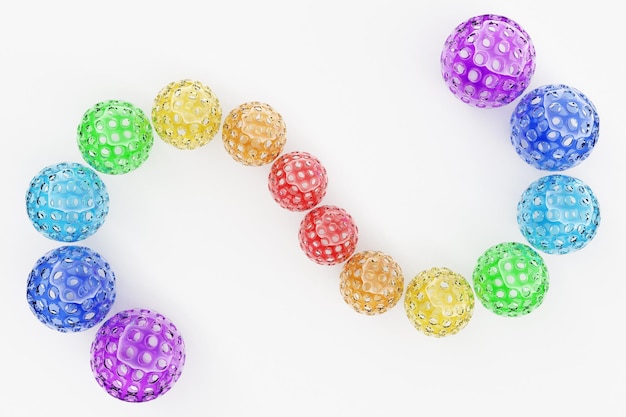 Renderização em 3D Bolas multicoloridas com buracos em forma de cobra Closeup das formas geométricas da bola em um fundo branco