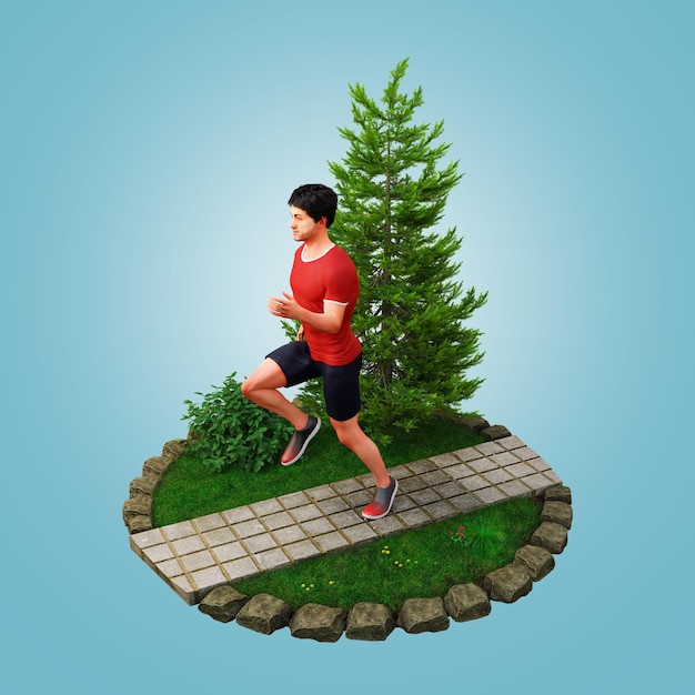 Renderização em 3d cabe jovem em camiseta vermelha correndo em um parque jogging and running concept top view