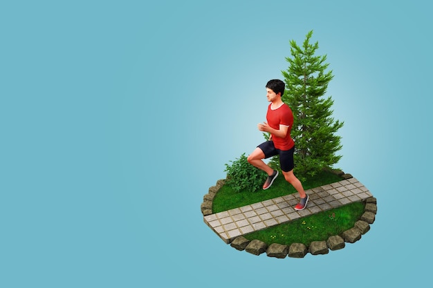 Renderização em 3D cabe jovem em camiseta vermelha correndo em um parque Jogging and running concept Top View