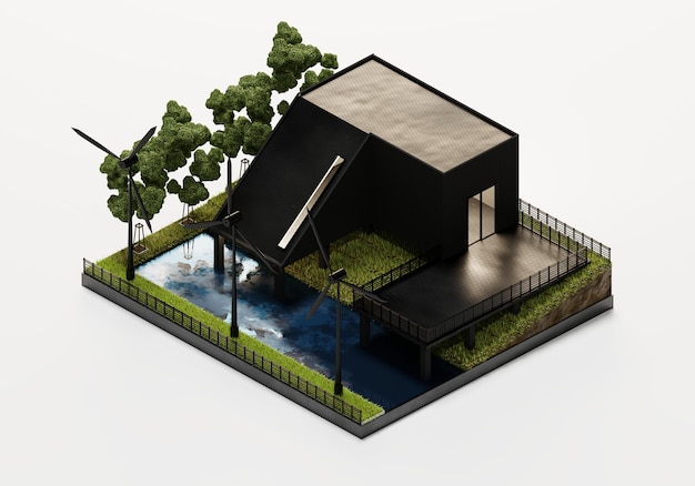 Renderização em 3D Casa Negra e Moinho de Vento no Jardim Vista Isométrica Fundo Exterior