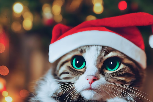 Renderização em 3D close-up gatinho vestindo um Papai Noel