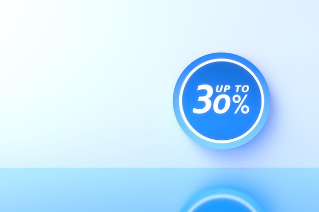 Renderização em 3D com 30% de desconto com espaço livre para mensagens de texto em fundo azul pastel Oferta especial 30 Tag de desconto Super oferta de venda e best-seller