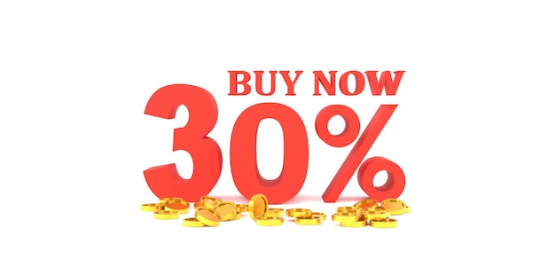 Renderização em 3D com 30% de desconto com moeda de ouro e fundo branco Oferta especial 30 Tag de desconto Super oferta de venda ao comprar agora