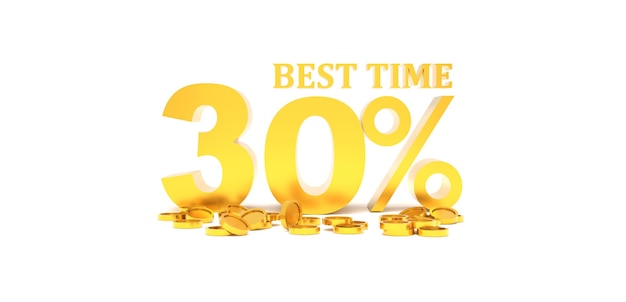 Renderização em 3D com 30% de desconto com moeda de ouro e fundo branco Oferta especial 30 Tag de desconto Super oferta de venda e best-seller