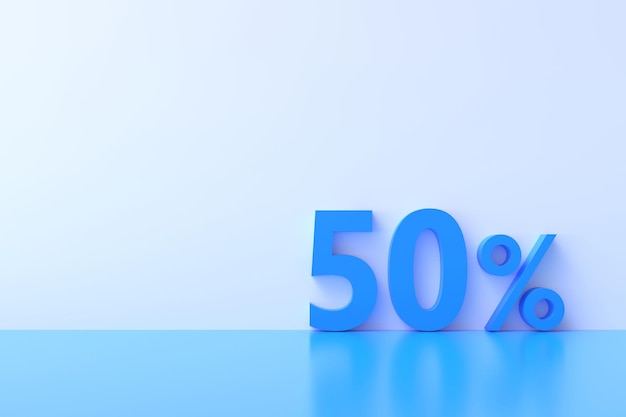 Renderização em 3D com 50% de desconto com espaço livre para mensagens de texto em fundo azul pastel Oferta especial 50 Tag de desconto Super oferta de venda e best-seller
