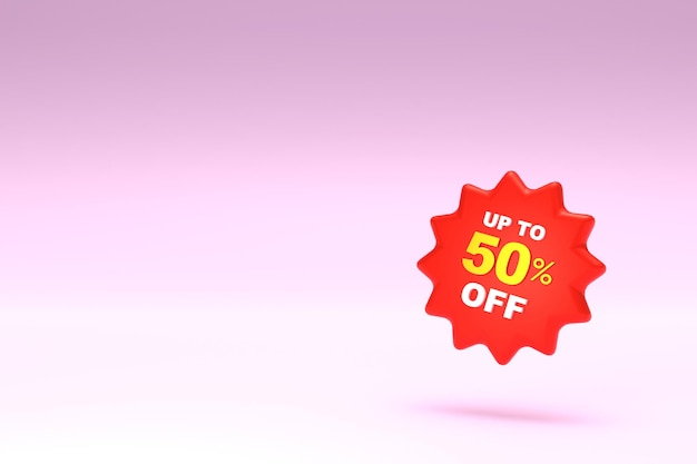 Renderização em 3D Ícone de desconto de 50% e espaço livre para mensagens de texto em fundo rosa pastel Oferta especial 50 Tag de desconto Super oferta de venda e best-seller