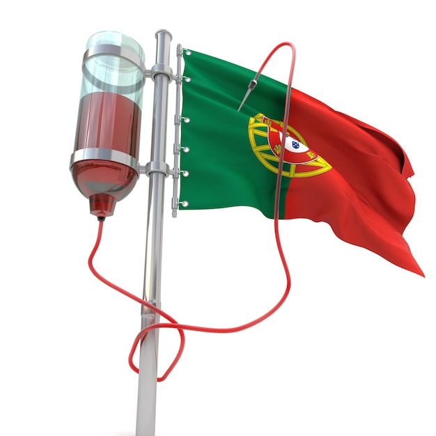 Renderização em 3d da bandeira portuguesa ligada a uma unidade de transfusão de sangue