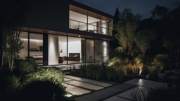 Renderização em 3D da casa moderna e aconchegante com estacionamento Noite clara de verão com muitas estrelas no céu