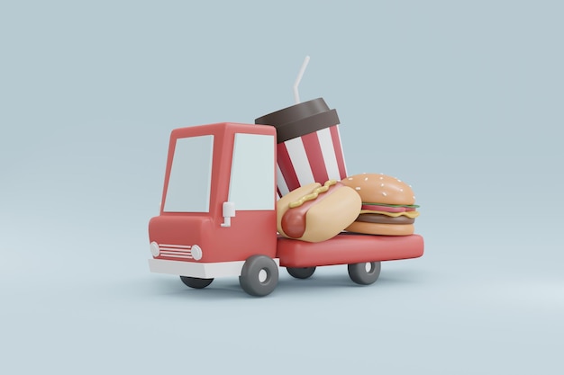 Renderização em 3D da entrega de lanches americanos inclui cachorro-quente de copo de refrigerante e hambúrguer no fundo. ilustração de renderização 3D.