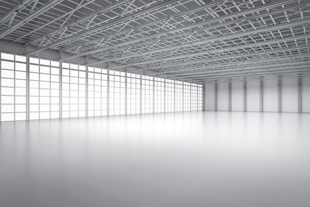 Foto renderização em 3d da fábrica vazia do interior com lâmpadas pendentes