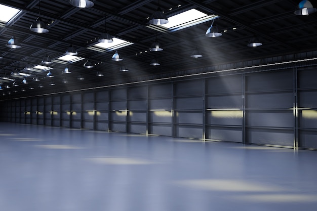 Foto renderização em 3d da fábrica vazia do interior com lâmpadas pendentes