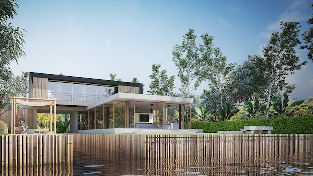 Renderização em 3D da ideia de design de uma casa tropical moderna e da paisagem do canal