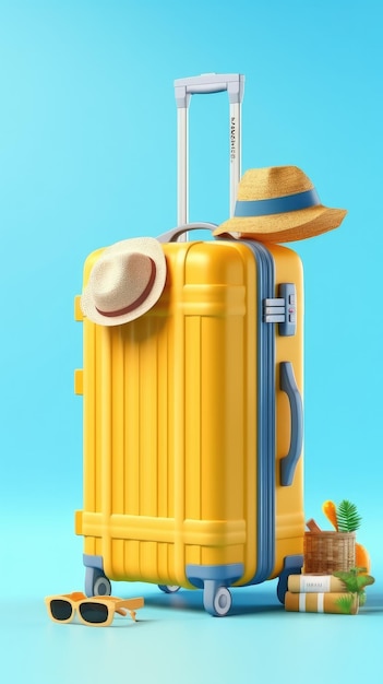 Renderização em 3D da mala amarela com acessórios de praia em férias de verão de fundo azul