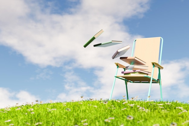 Renderização em 3D da pilha de livros voando da cadeira no campo gramado
