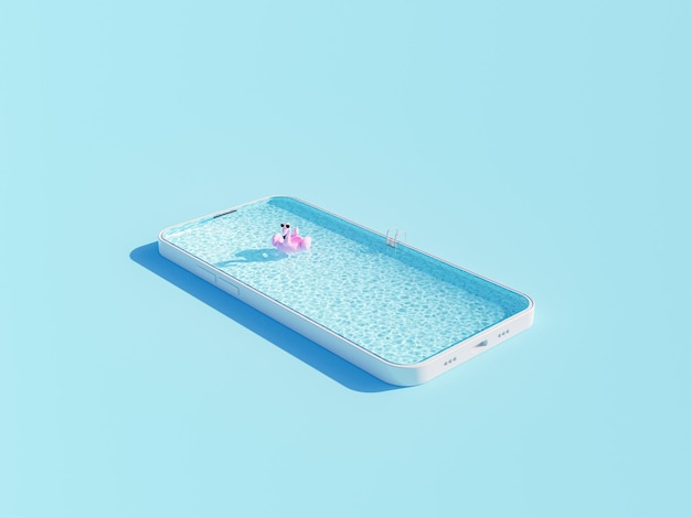 Renderização em 3D da piscina na capa do smartphone na superfície azul