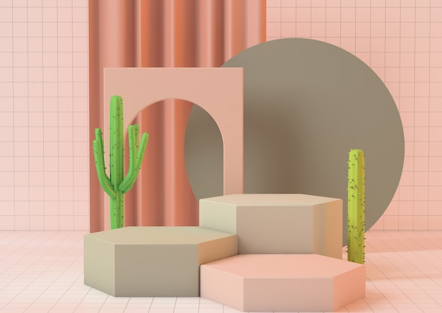 Renderização em 3D da plataforma de pedestal de produto limpo em cores pastéis rosa com cacto no fundo rosa