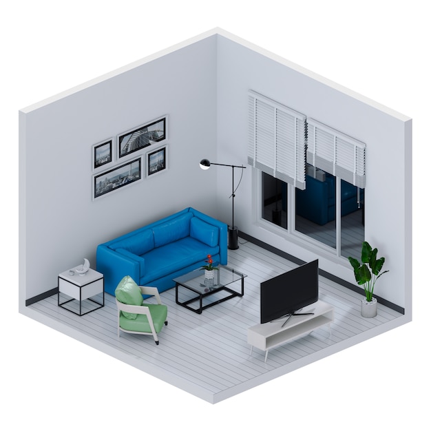 Renderização em 3D da sala de estar interior com Smart TV