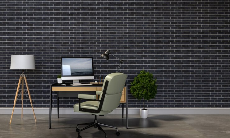 Renderização em 3D da sala interior com computador desktop