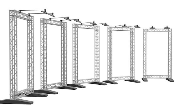 Renderização em 3d de armações de treliça de alumínio com luz pendurada no caminho de recorte branco isolado