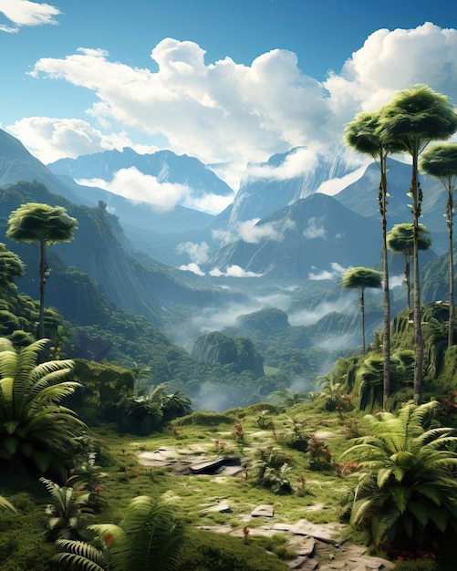 Renderização em 3D de árvores colombianas, montanhas e céu