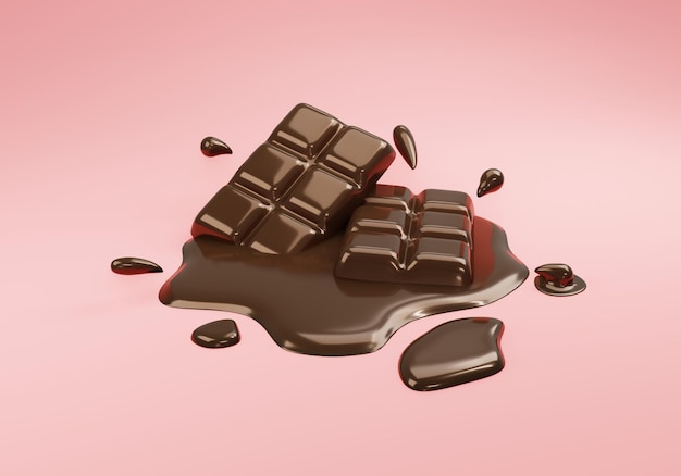 Renderização em 3D de barra de chocolate em fundo rosa para design comercial Estilo de desenho de ilustração de renderização em 3D