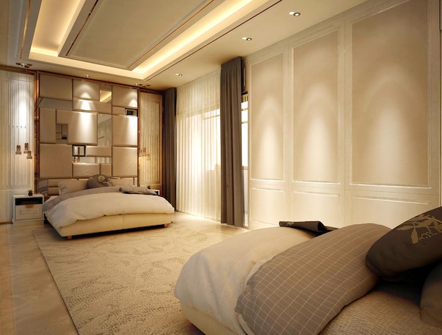 Renderização em 3D de design de interiores de quartos elegantes e luxuosos