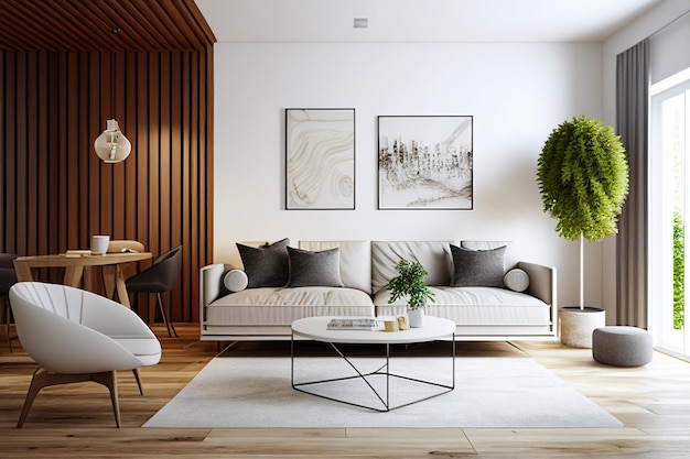 Renderização em 3d de design de interiores de sala de estar moderna