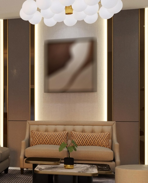 Renderização em 3D de design de interiores de sala de estar moderno e elegante
