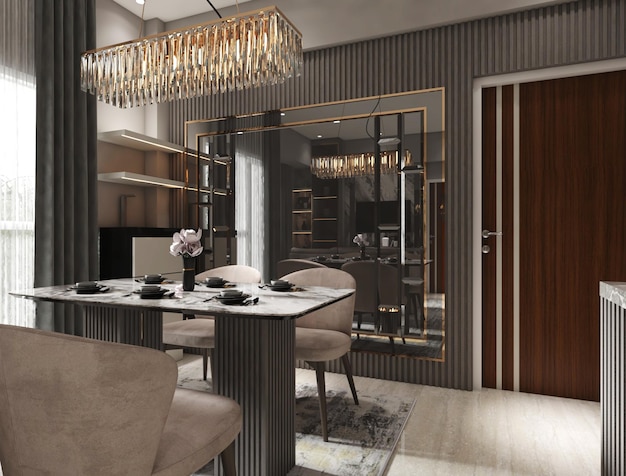 Renderização em 3D de design de interiores de sala de jantar aconchegante e suntuosa