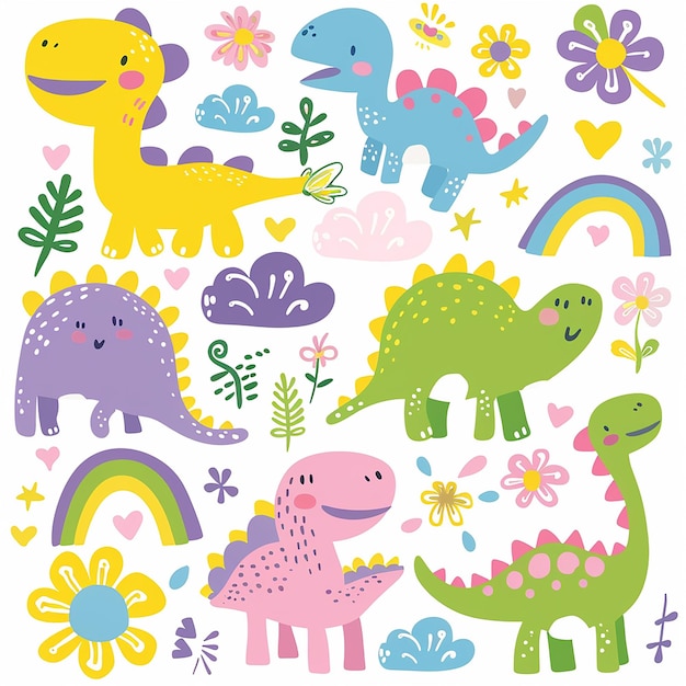 Renderização em 3D de foto de design kawaii com dinossauros nuvens flores árvores arco-íris e dinossauros