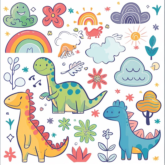 Renderização em 3D de foto de design kawaii com dinossauros nuvens flores árvores arco-íris e dinossauros