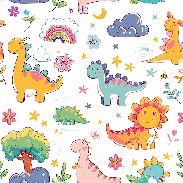 Renderização em 3D de foto de design kawaii com dinossauros nuvens flores árvores arco-íris e dinossauros