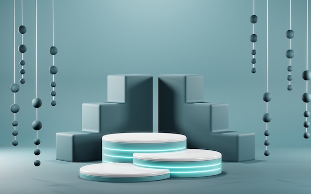 Renderização em 3D de fundo de produto em branco para cosméticos creme Fundo de pódio pastel azul moderno