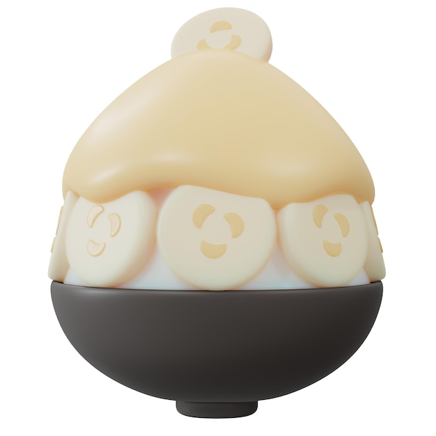 Renderização em 3D de gelo raspado de banana bingsu isolado no estilo de desenho animado de renderização 3d branco