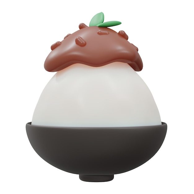 Renderização em 3D de gelo raspado de feijão vermelho bingsu isolado no estilo de desenho animado de renderização 3d branco