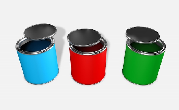 Renderização em 3D de latas de tinta RGB verde vermelha e azul