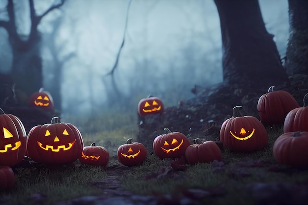 renderização em 3D de muitos fundos de abóbora de halloween