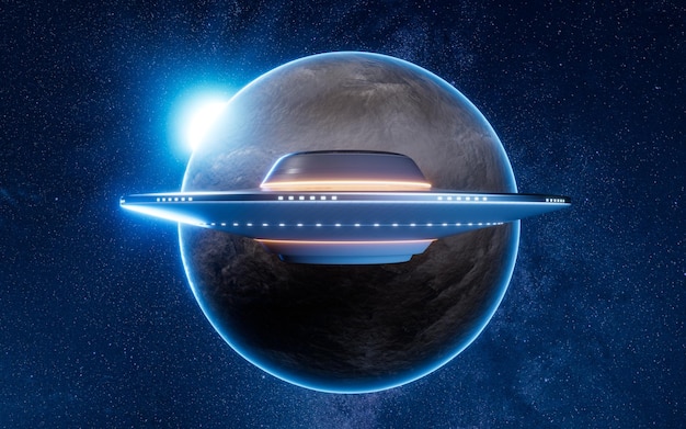 Foto renderização em 3d de naves espaciais de ovni de ficção científica