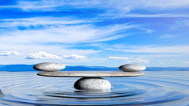 Renderização em 3D de pedras de equilíbrio formando um arco na água com céu azul e paisagem pacífica