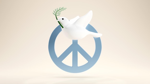 Foto renderização em 3d de pomba branca em voo segurando um ramo de oliveira e símbolo de paz em fundo pastel