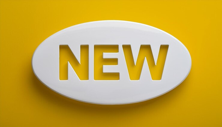 Foto renderização em 3d de sinal oval branco em relevo com a palavra new em fundo amarelo