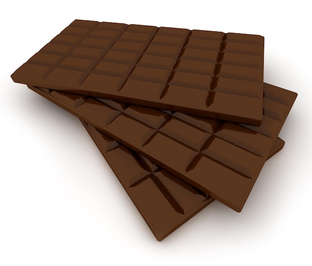 renderização em 3D de três tabletes de chocolate em um fundo branco