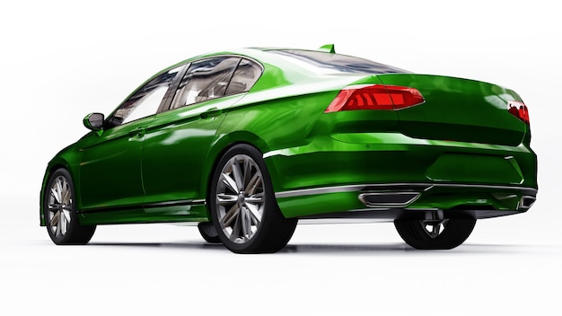Renderização em 3d de um carro verde genérico sem marca em um ambiente de estúdio branco