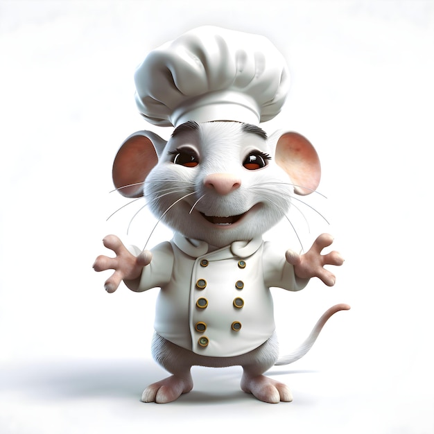 Renderização em 3D de um chef de rato branco com uniforme e chapéu de chef