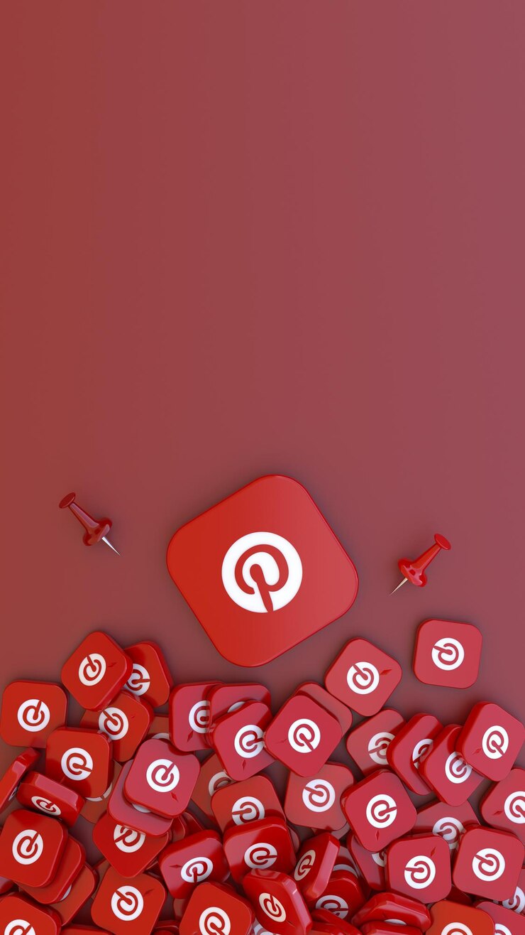 Foto renderização em 3d de um crachá do pinterest cercado por outros crachás menores. tiro vertical.