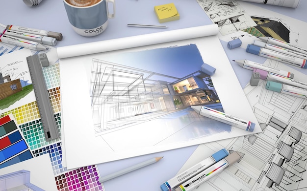 Foto renderização em 3d de um desktop de arquiteto com renderização de casa, marcadores e amostras de cores